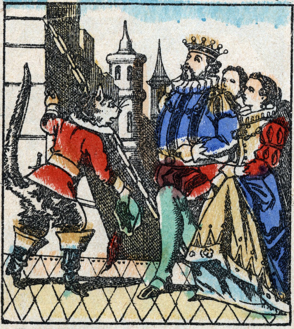 Illustration av Charles Perraults berättelse "The Cat Botte". Trästick av Imaging Pellerin - Epinal, sd. Sent 1800-tal. av French School