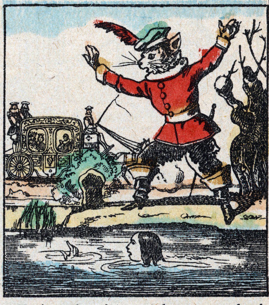 Illustration av Charles Perraults berättelse "The Cat Botte". Trästick av Imaging Pellerin - Epinal, sd. Sent 1800-tal. av French School