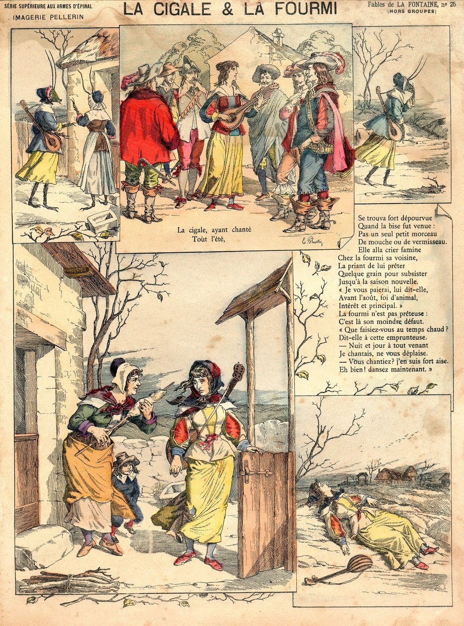 Illustration av La Fontaines fabler Cikadan och myran, gravyr, ca 1890 av French School