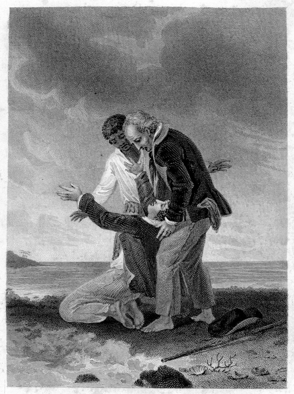 Illustration av "" Paul och Virginia"": Paul framför havet. Roman av Henri Bernardin de Saint Pierre (Saint-Pierre eller St-Pierre), fransk författare (1737-1814). av French School