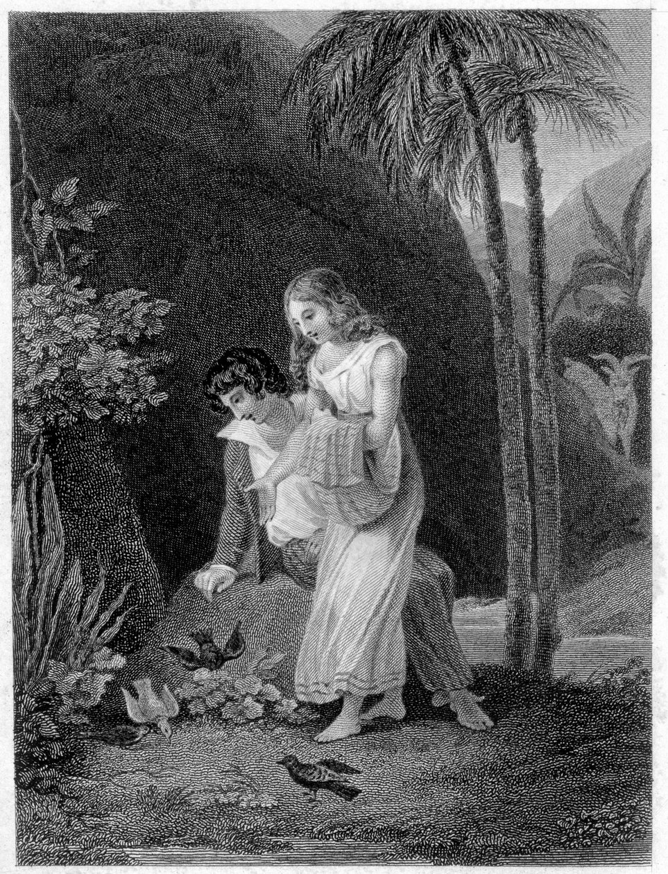 Illustration av "Paul och Virginia". Roman av Henri Bernardin de Saint Pierre (Saint-Pierre eller St-Pierre), fransk författare (1737-1814). av French School