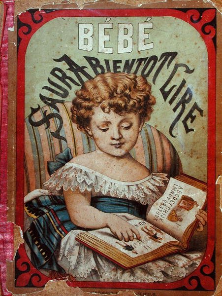 Illustration av ett barn som lär sig att läsa (färg litho) av French School
