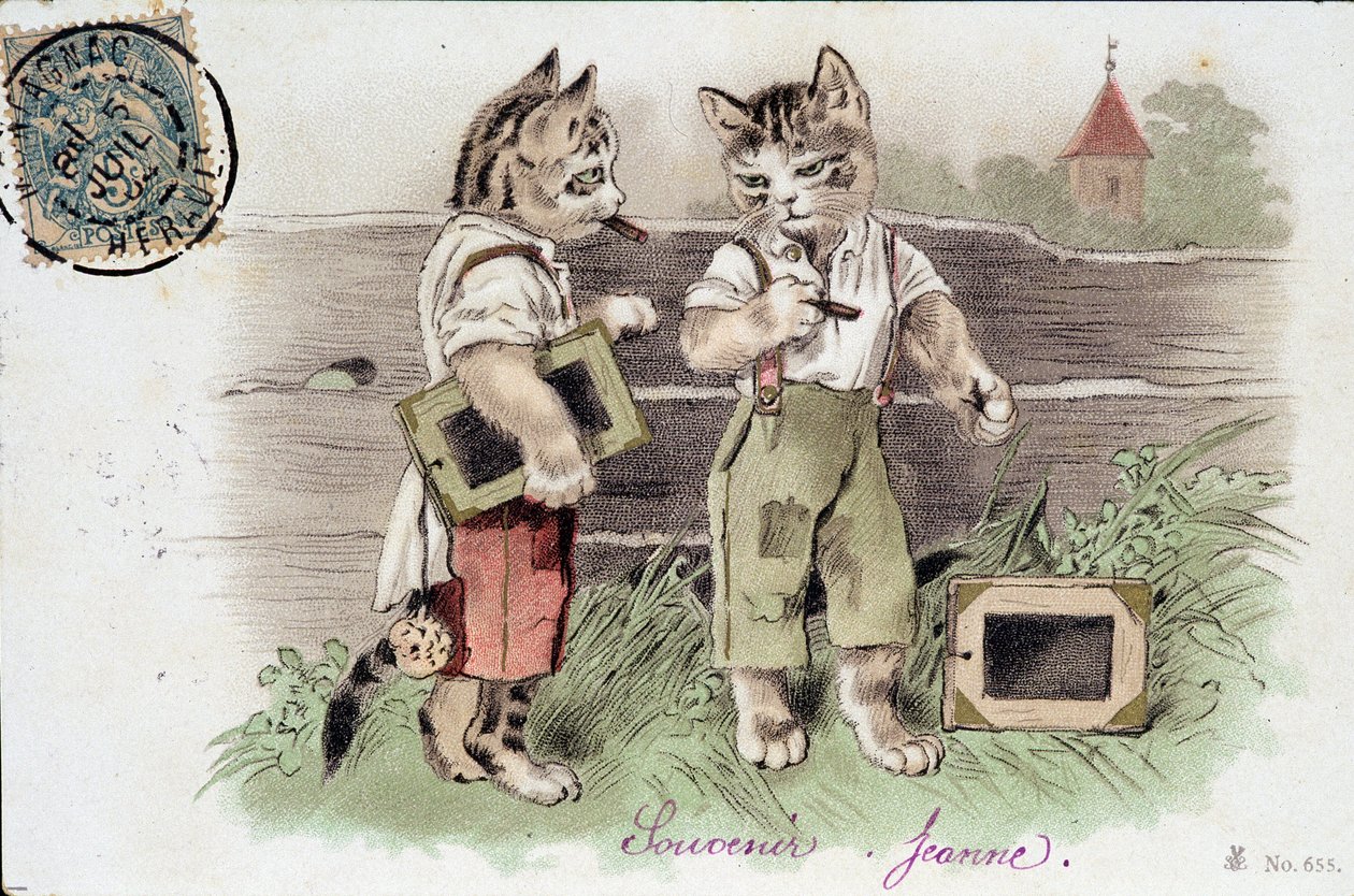 Illustration av katter i situation - vykort tidigt 1900-tal. av French School