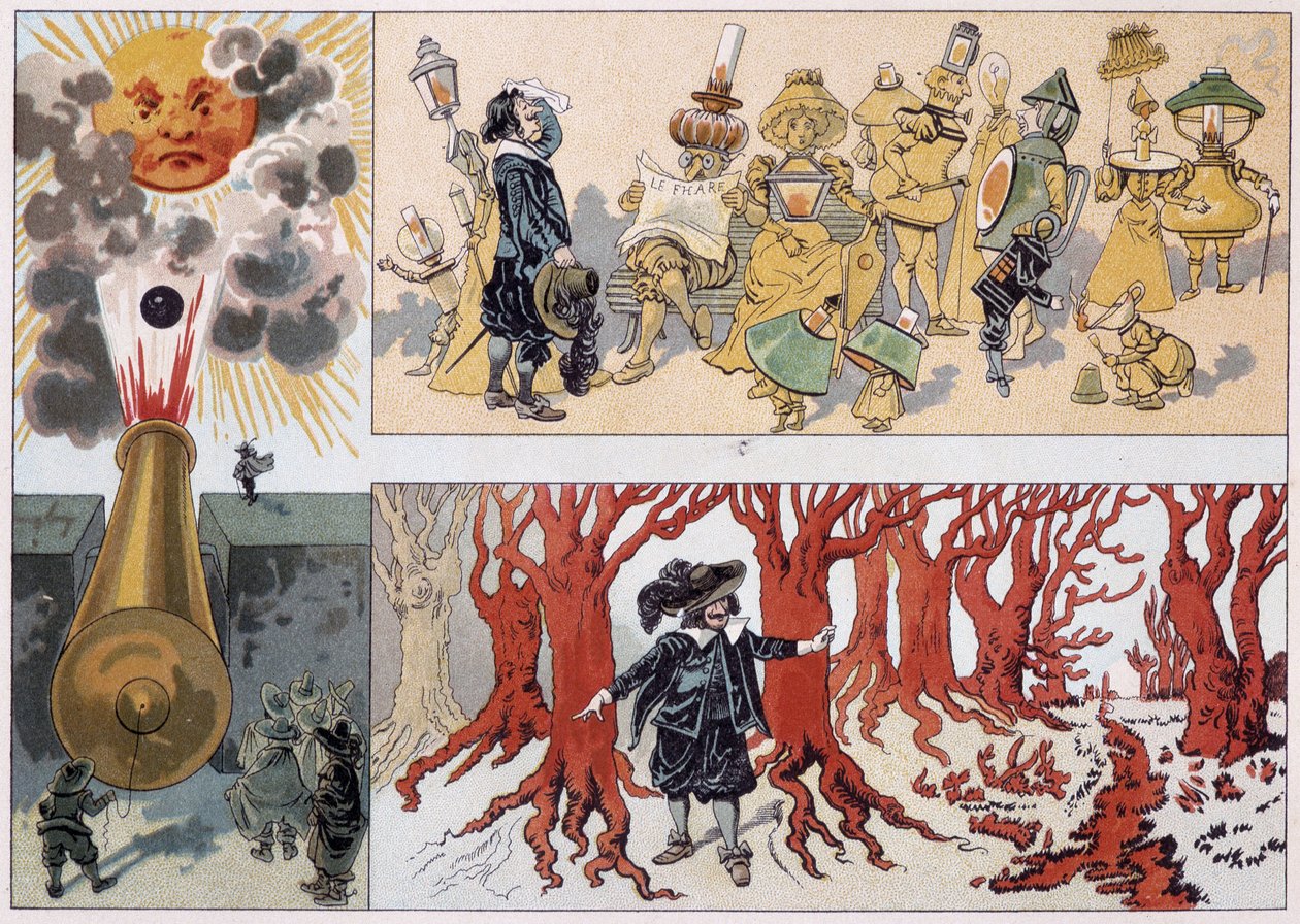 Illustration av de Cyrano de Bergerac i hans roman "Den andra världen"" av French School