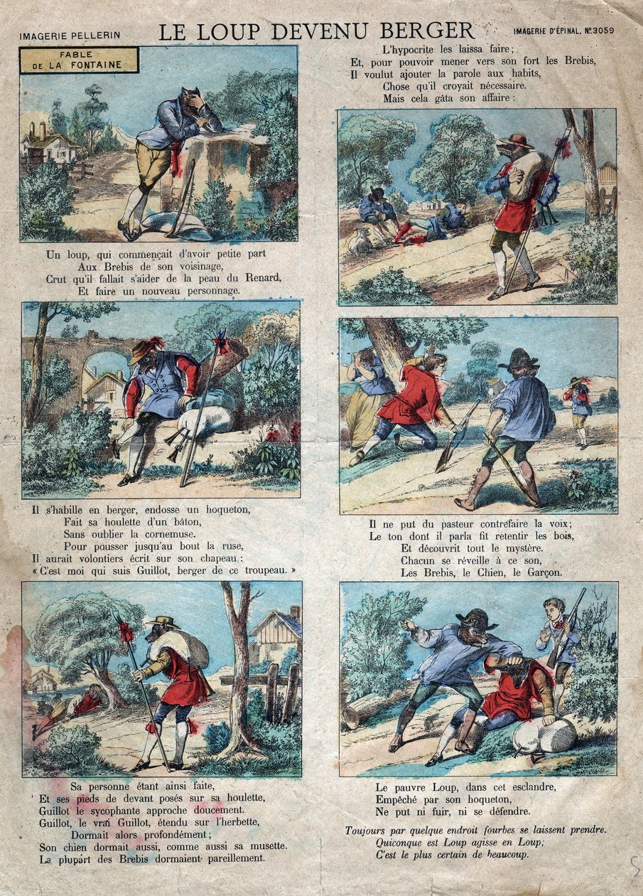 Illustration av fabeln av Jean de la Fontaine (1621-1695): vargen blev en herde. Epinal avbildning från slutet av 1800-talet. av French School