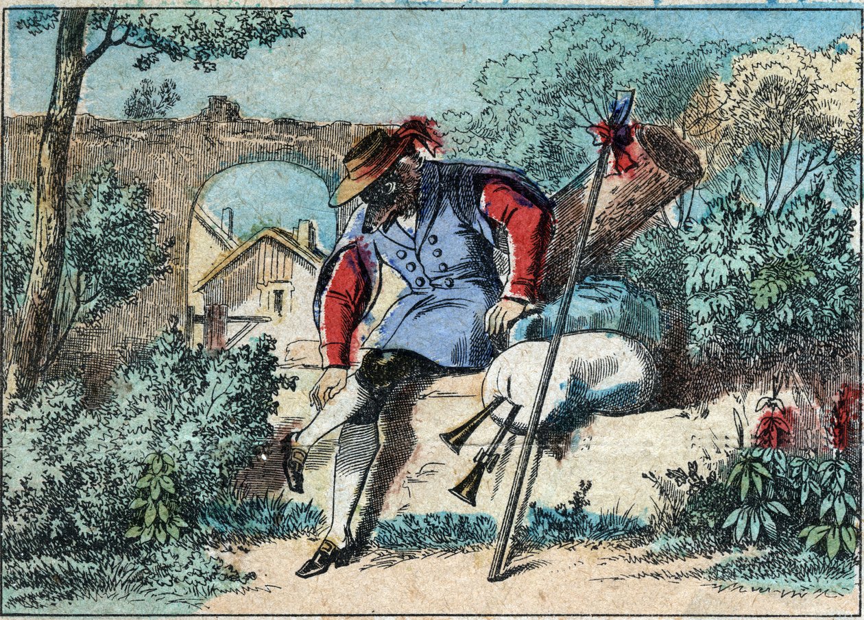 Illustration av fabeln av Jean de la Fontaine (1621-1695): vargen blev en herde. Epinal avbildning från slutet av 1800-talet. av French School