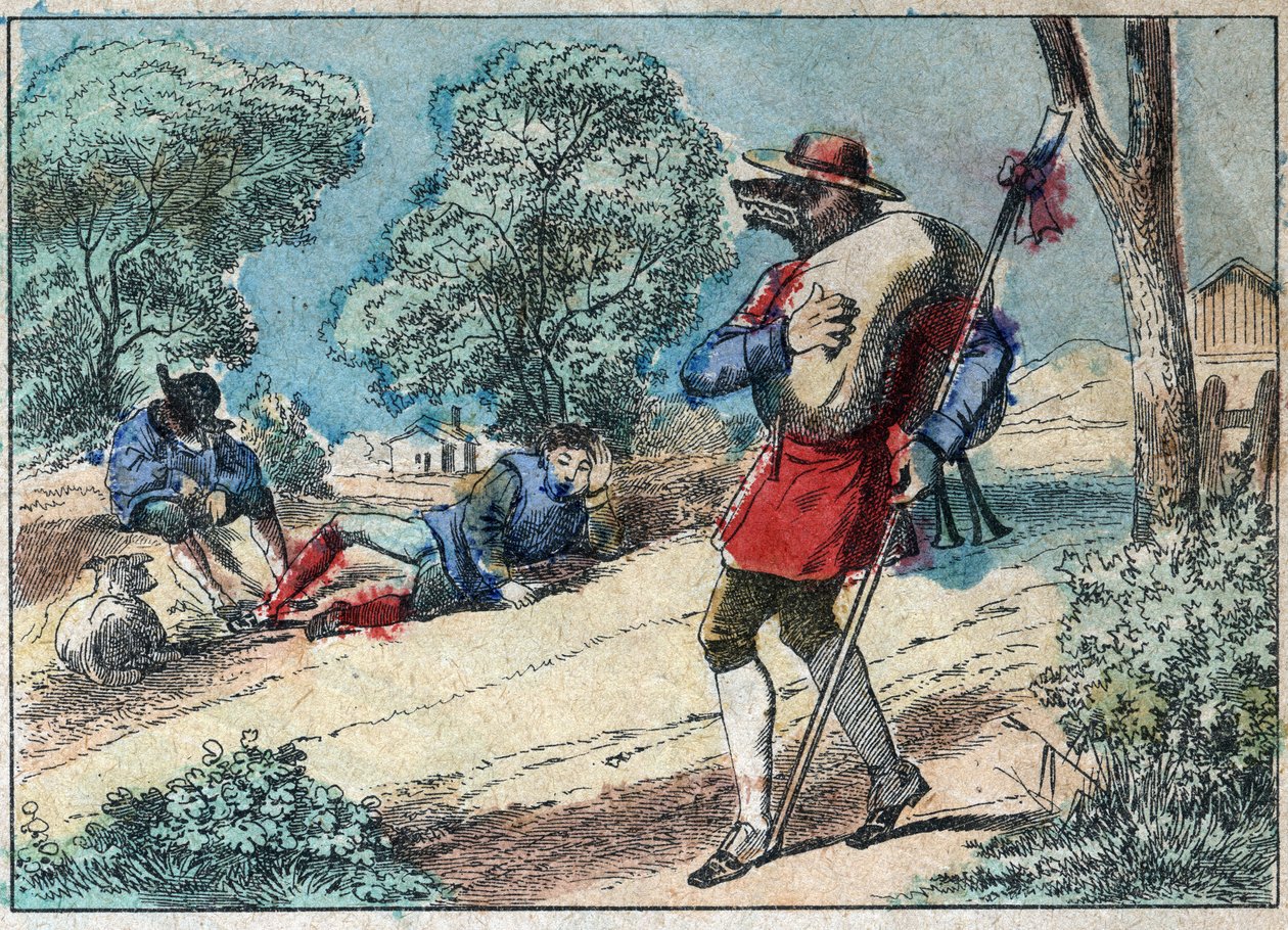 Illustration av fabeln av Jean de la Fontaine (1621-1695): vargen blev en herde. Epinal avbildning från slutet av 1800-talet. av French School
