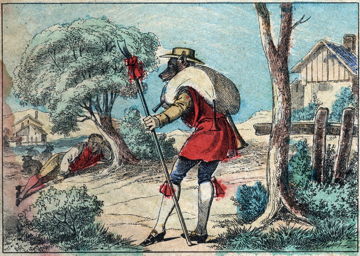 Illustration av fabeln av Jean de la Fontaine (1621-1695): vargen blev en herde. Epinal avbildning från slutet av 1800-talet. av French School