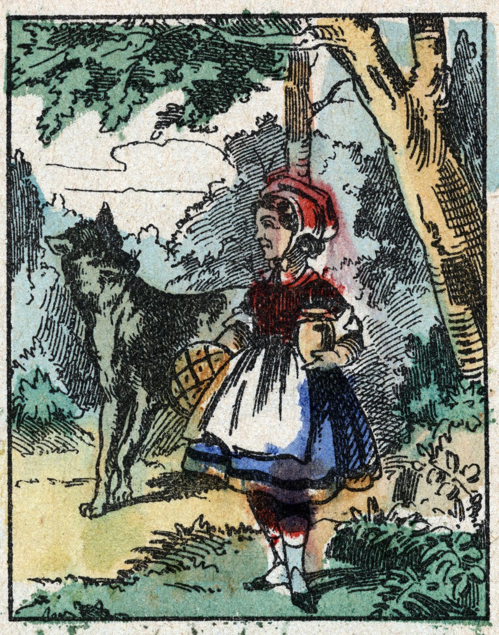 Illustration av berättelsen "Rödluvan"" av Charles Perrault. Trästick från Imaging Pellerin - Epinal, sd. Sent 1800-tal. av French School