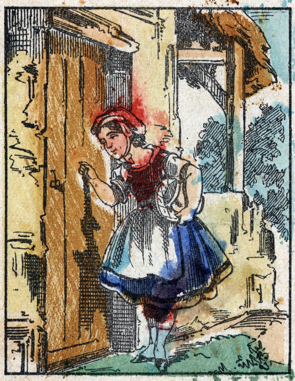 Illustration av berättelsen "Rödluvan"" av Charles Perrault. Trästick från Imaging Pellerin - Epinal, sd. Sent 1800-tal. av French School