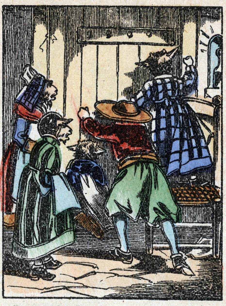 Illustration av berättelsen "Vargen, bocken och de sju biketterna" Trästick från Imaging Pellerin - Epinal, sd. Sent 1800-tal. av French School