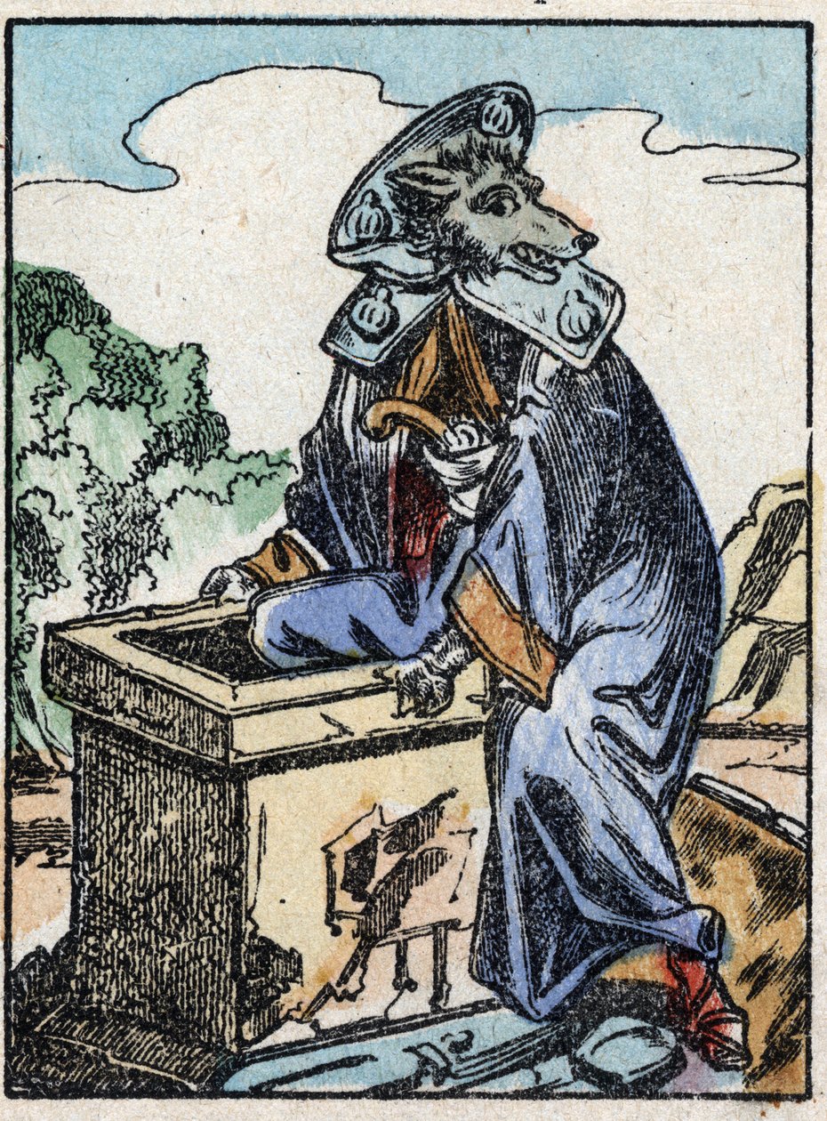 Illustration av berättelsen "Vargen, bocken och de sju biketterna" Trästick från Imaging Pellerin - Epinal, sd. Sent 1800-tal. av French School