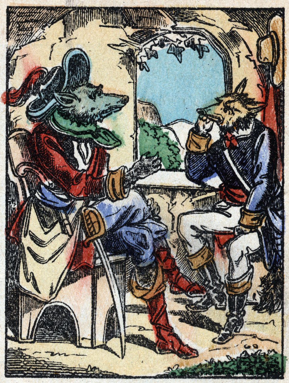Illustration av berättelsen "Vargen, bocken och de sju biketterna" Trästick från Imaging Pellerin - Epinal, sd. Sent 1800-tal. av French School