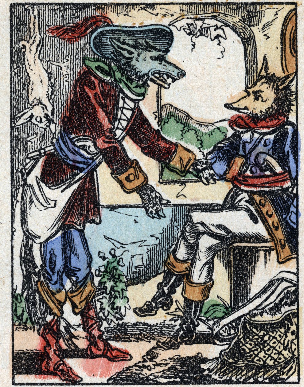 Illustration av berättelsen "Vargen, bocken och de sju biketterna" Trästick från Imaging Pellerin - Epinal, sd. Sent 1800-tal. av French School