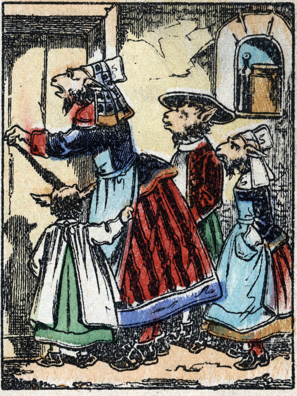 Illustration av berättelsen "Vargen, bocken och de sju biketterna" Trästick från Imaging Pellerin - Epinal, sd. Sent 1800-tal. av French School