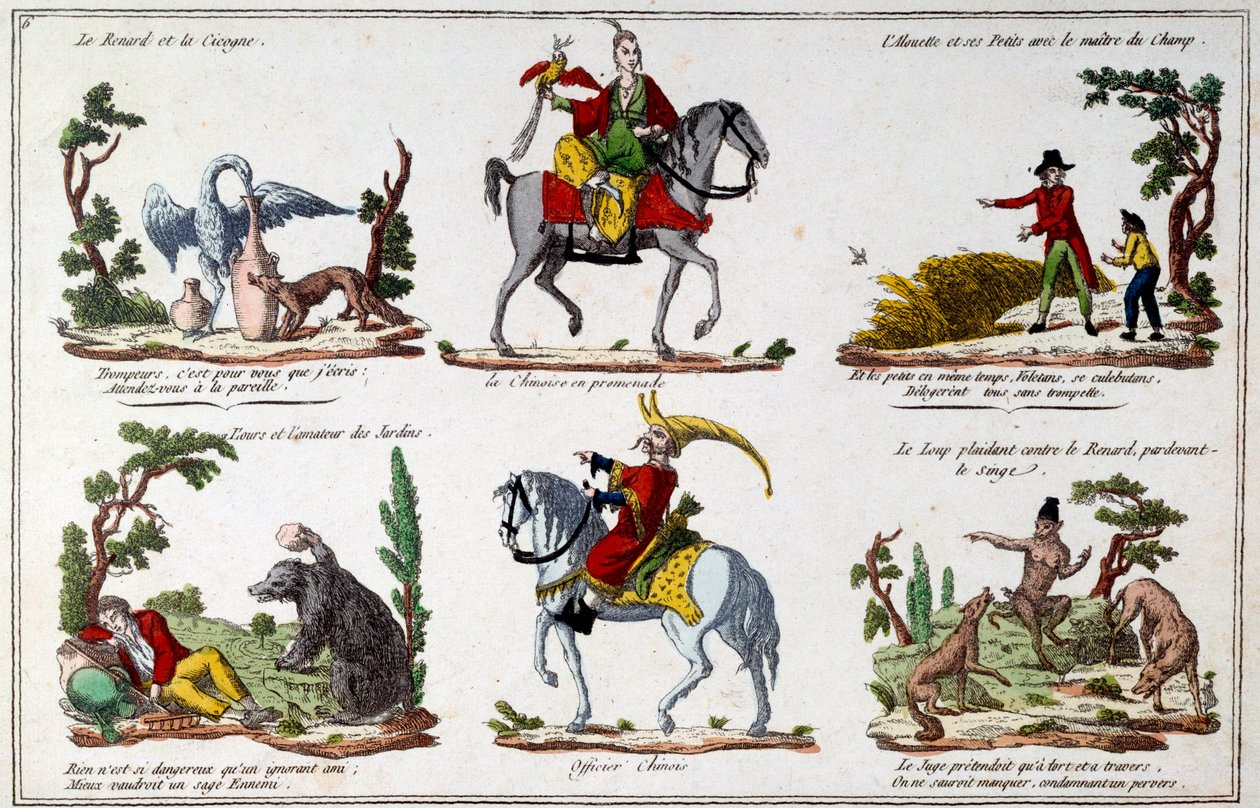 Illustrationsplatta för fablerna av Jean de La Fontaine (1621-1695): räven och storken, kinesen som går, björnen och trädgårdsälskaren, den kinesiske officeren. Gravyr av French School