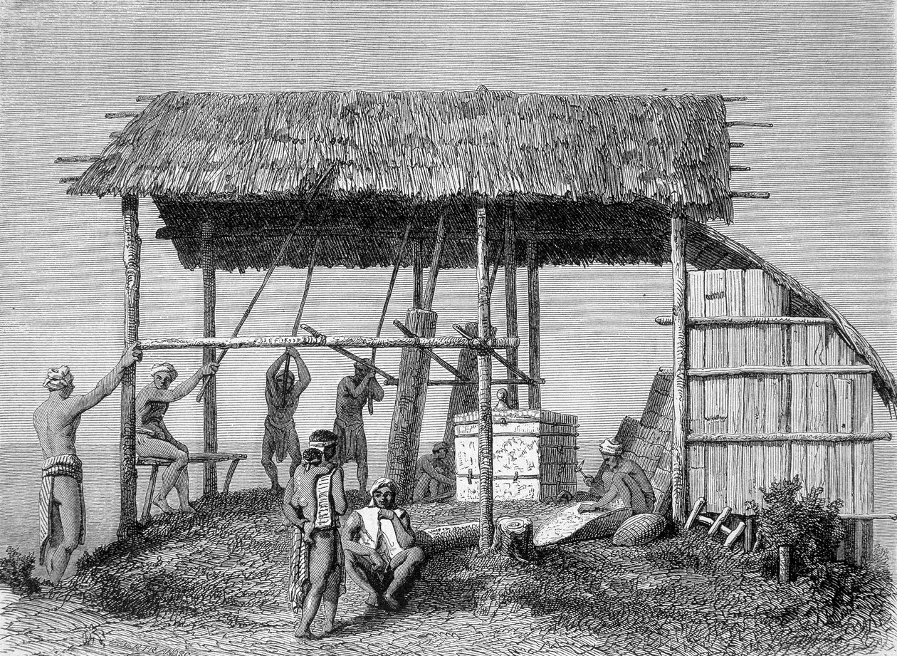 Illustration publicerad i 1862 års upplaga av "Le Tour du monde" föreställande en smed i dayaks på ön Borneo. Gravyr. av French School