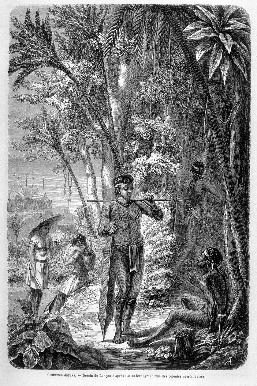 Illustration publicerad i 1862 års upplaga av "Le Tour du monde" föreställande en dayak som bor på ön Borneo. Gravyr. av French School