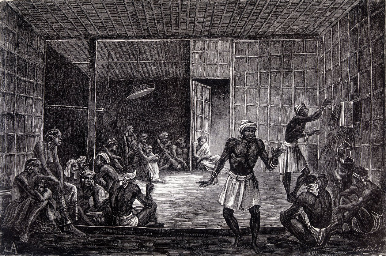 Illustration publicerad i 1862 års upplaga av "Le Tour du monde" som visar en session av exorcism som praktiseras av dayakerna på ön Borneo. Gravyr. av French School