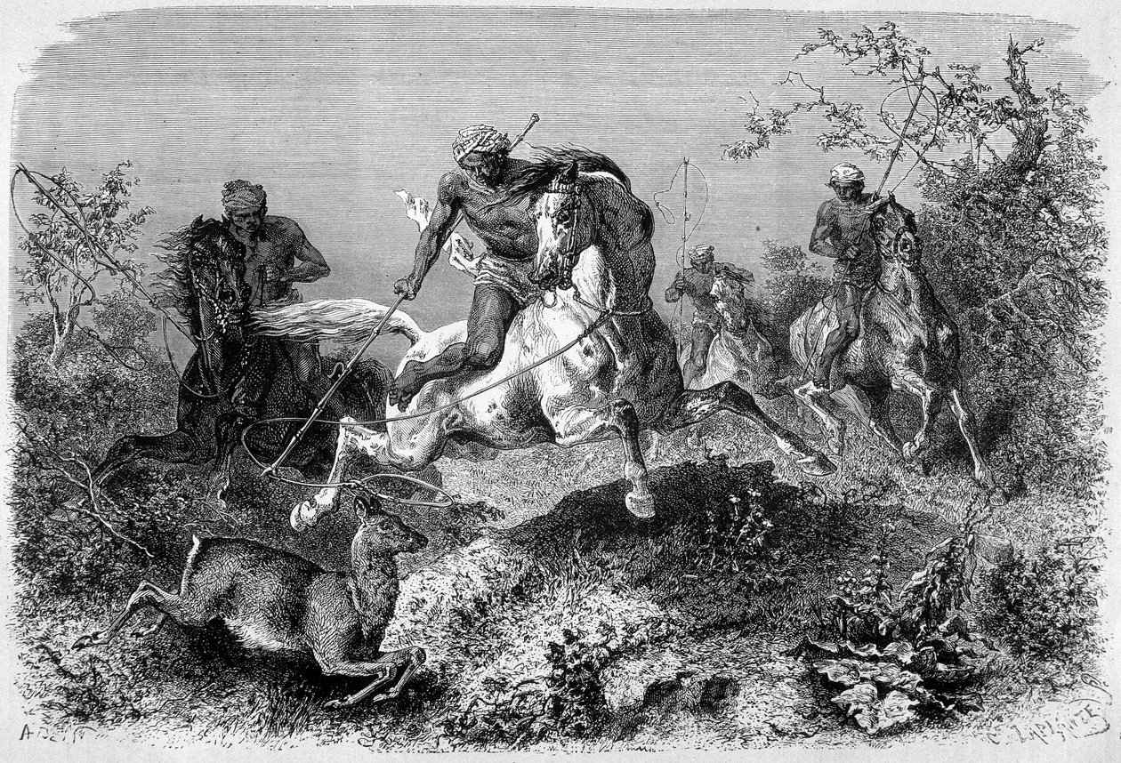 Illustration publicerad i upplagan av "" Le Tour du monde"" från 1870 - 1871 föreställande en dyakjakt på ön Borneo. Gravyr. av French School
