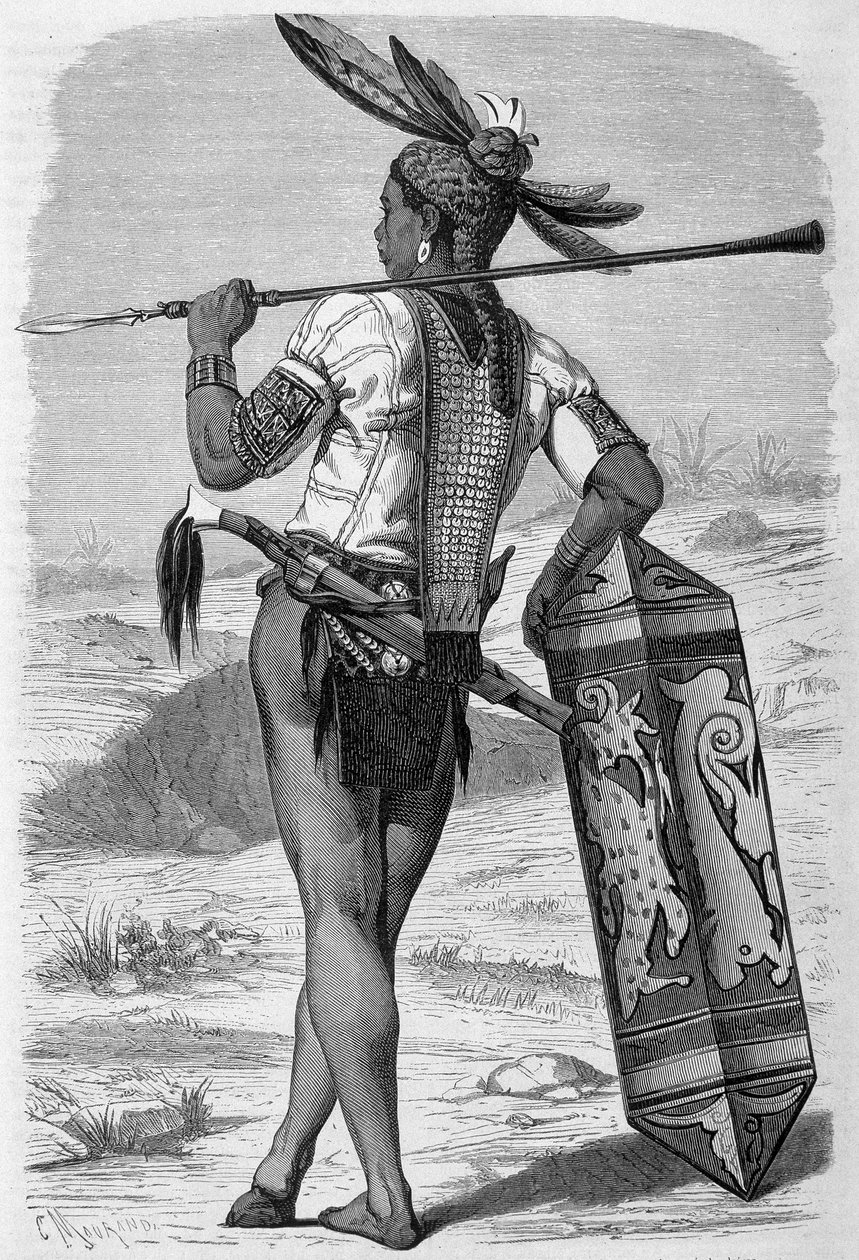 Illustration publicerad i upplagan av "Le Tour du monde" från 1870 - 1871 föreställande en dayak (ursprungsbefolkning) på ön Borneo. Gravyr. av French School
