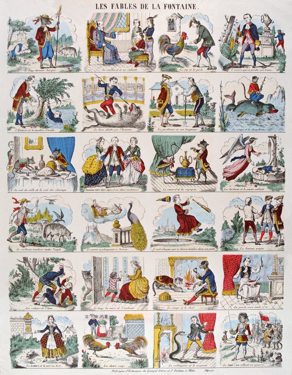 Illustrationer till fabler av Jean de La Fontaine (1621-95) bildspel Gangel och P. Didion i Metz (färgstick) av French School
