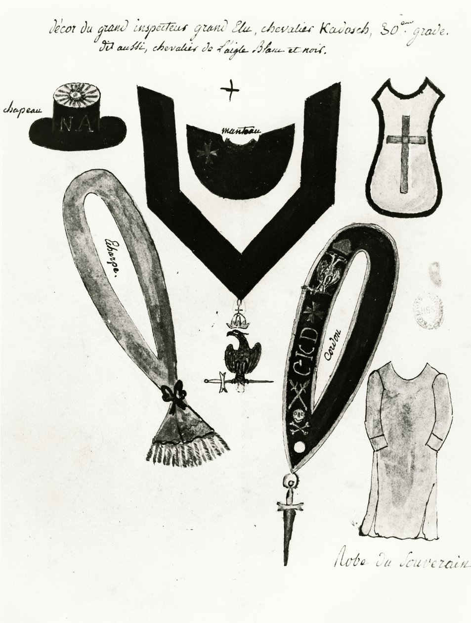 Illustrationer av frimurarregalier och riddaren Kadoshs klänning, 30:e graden, i Scottish Rite of Freemasonry, 1813 (penna, bläck och gouache på papper) av French School