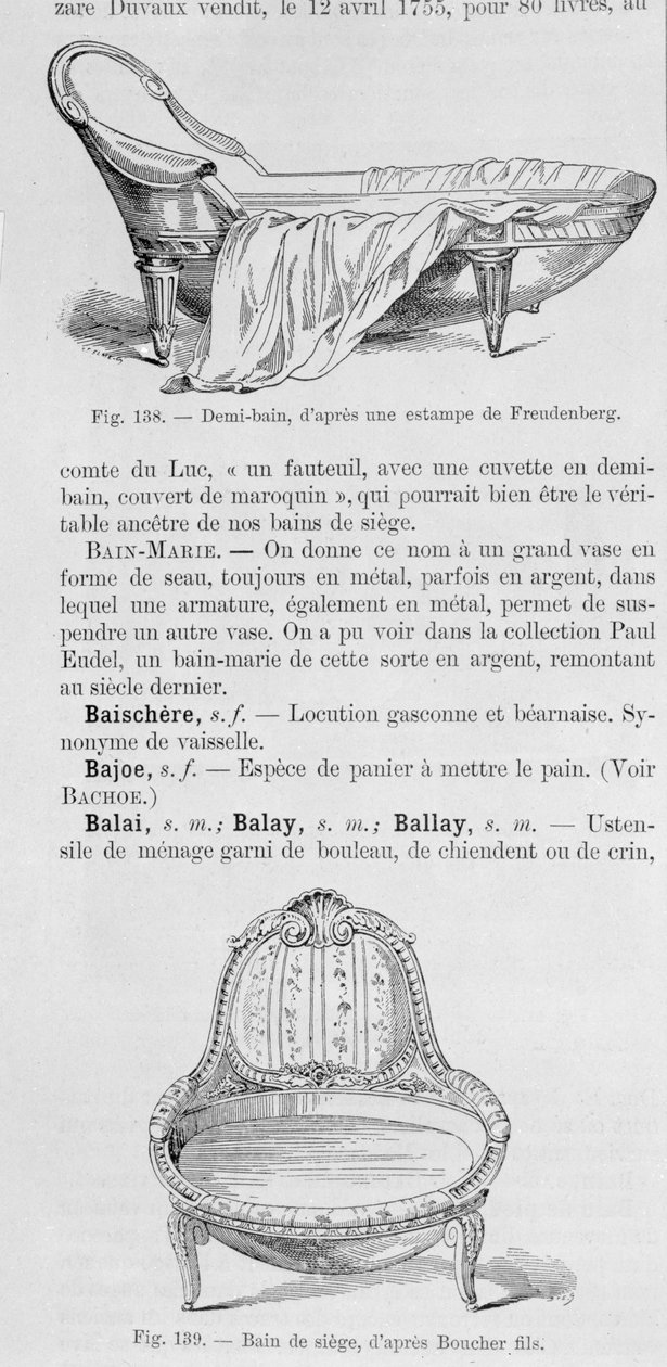 Illustrationer av en demi-bain och en bain de siege, 1700-tal av French School