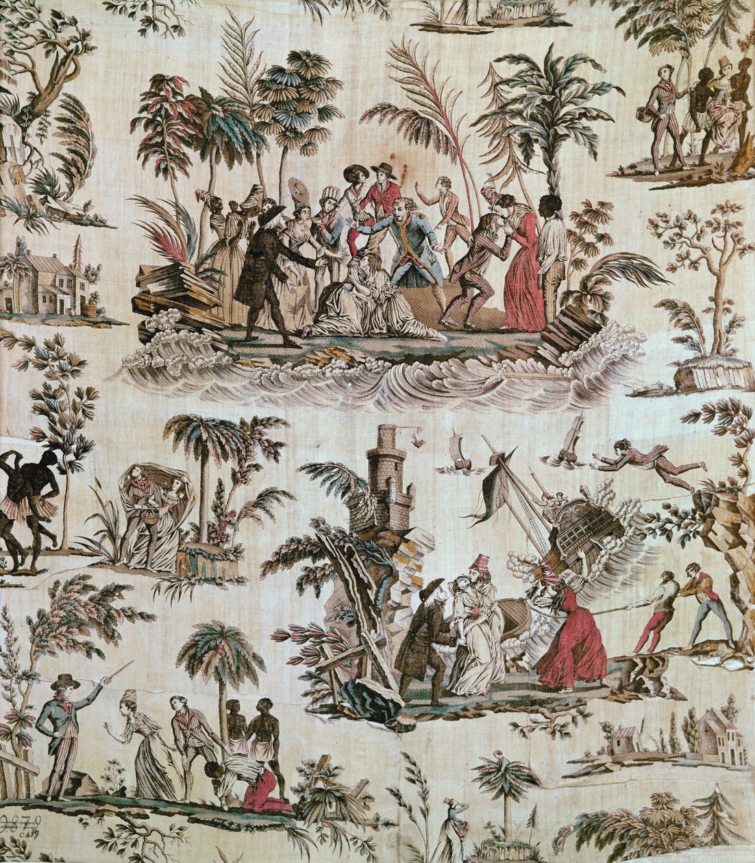 Illustrationer av incidenter från romanen Paul et Virginie, Toile de Nantes, ca 1800 (tryckt bomull) av French School