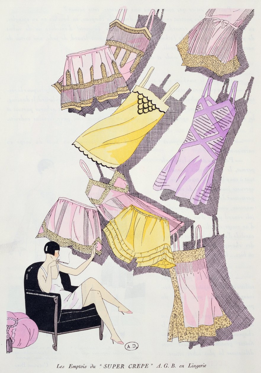 Illustrationer av underkläder från modetidningen Art, Gout, Beaute, juli 1926 av French School