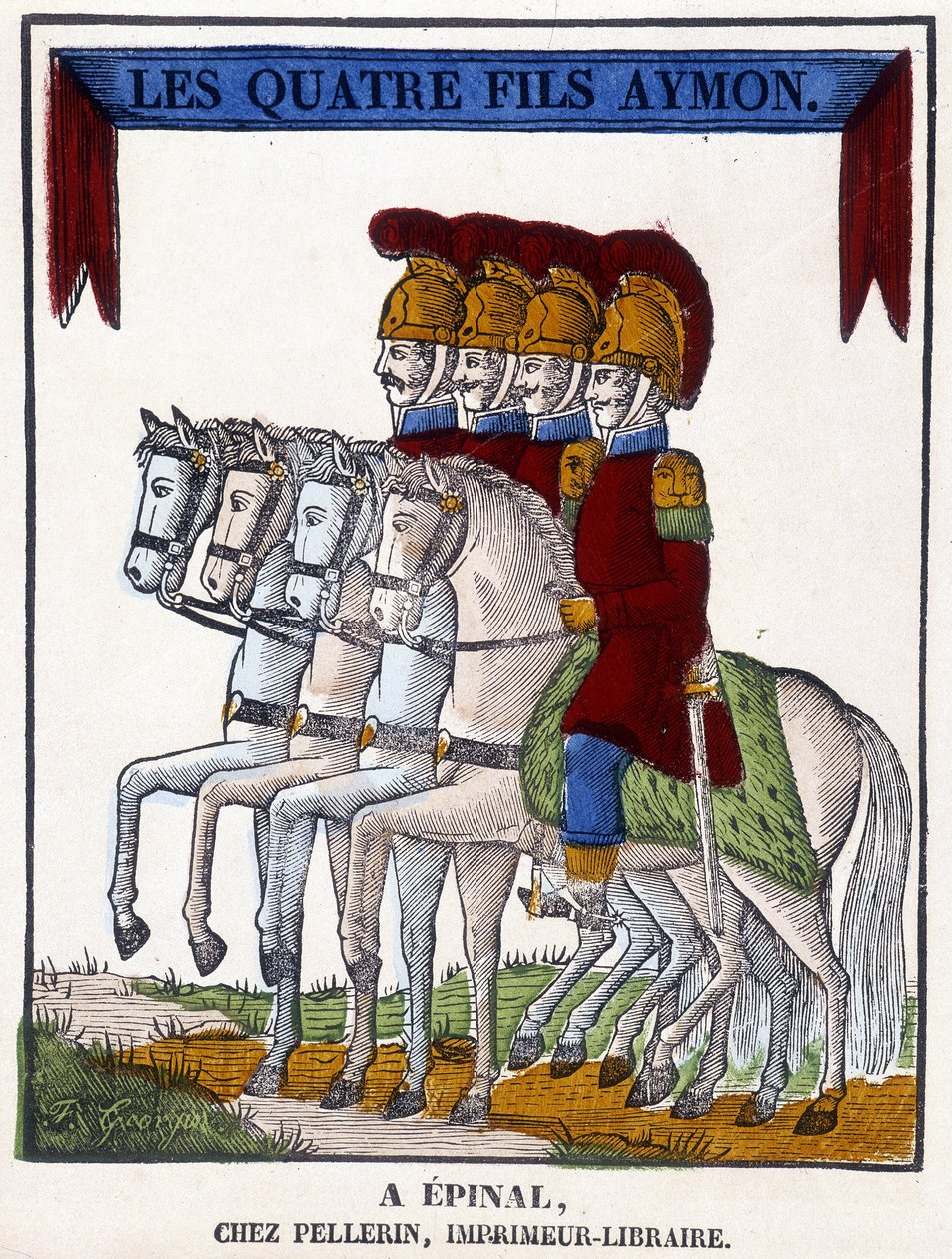 Bild på Epinal från 1825 föreställande "De fyra sönerna Aymon", en anonym episk dikt från slutet av 1200-talet. av French School