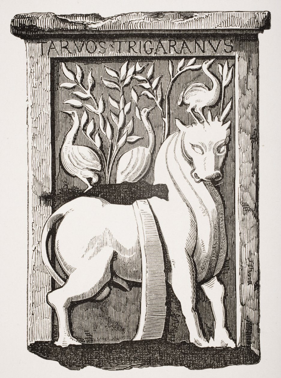 Bild av det keltiska monumentet för den heliga oxen som hittades under kören i Notre Dame-katedralen i Paris 1711, från Le Moyen Age et La Renaissance av Paul Lacroix (1806-84) publicerad 1847 av French School