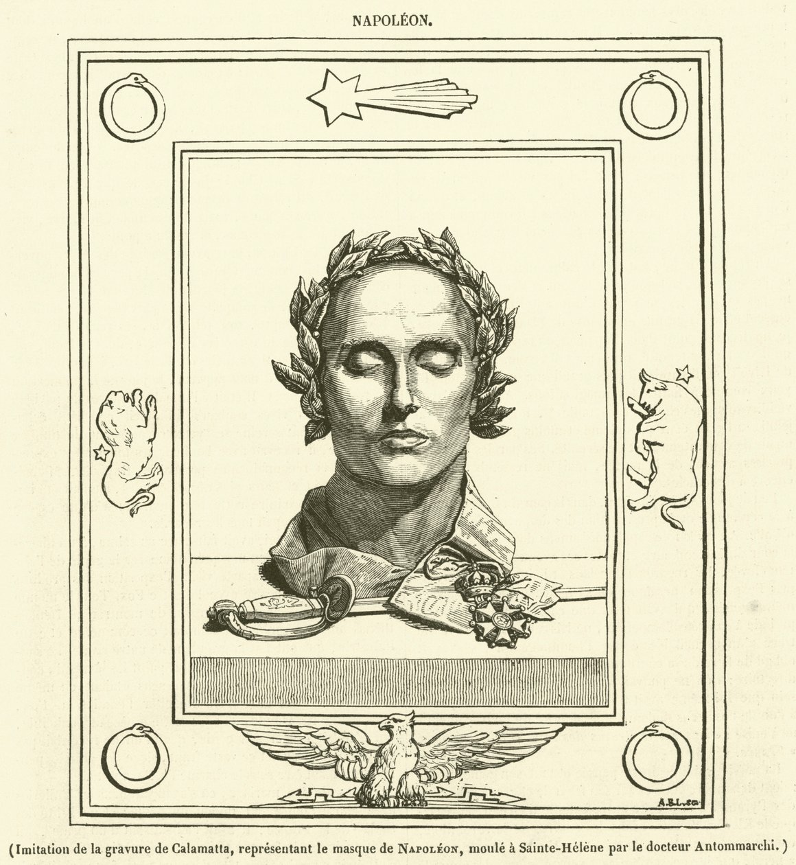 Imitation av Calamattas gravyr av Napoleons mask, gjuten i Sainte-Helene av Dr Antommarchi (gravyr) av French School