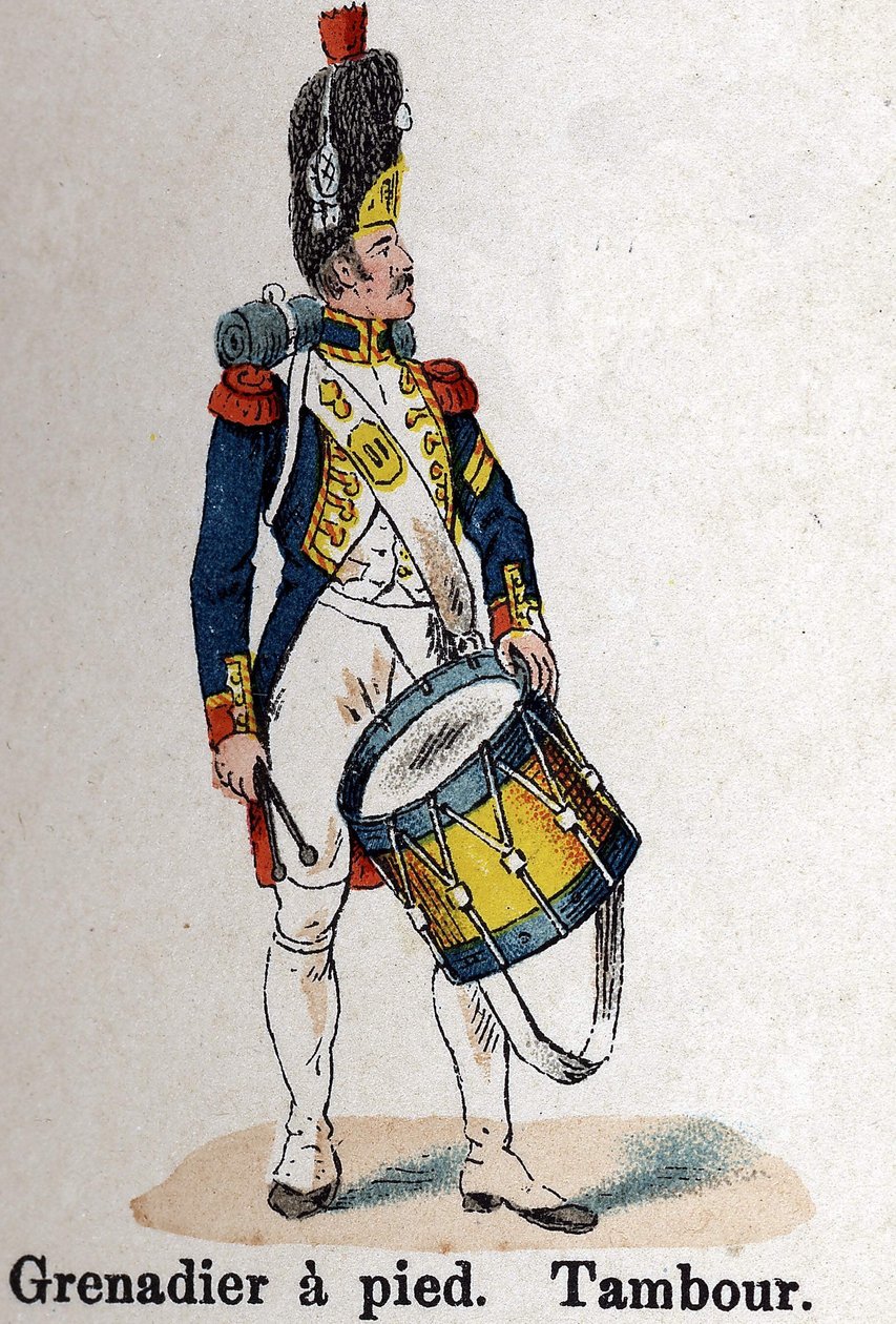 Imperial Guard Napoleon I: Grenadier till fots - Trumma. Tallrik från boken Les Uniformes de l