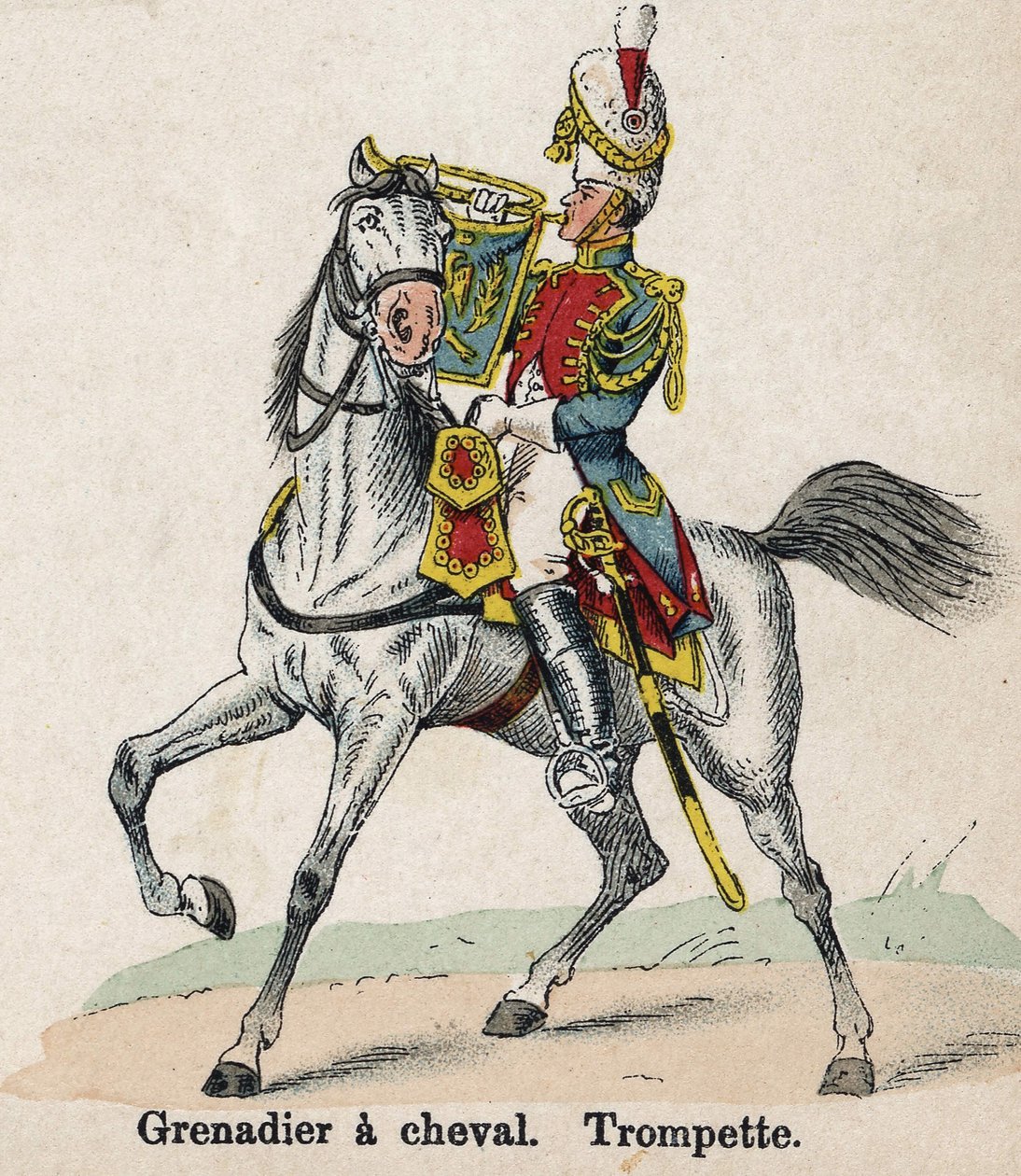 Imperial Guard Napoleon I: Grenadier till häst - Trumpet. Tallrik från boken Les Uniformes de l