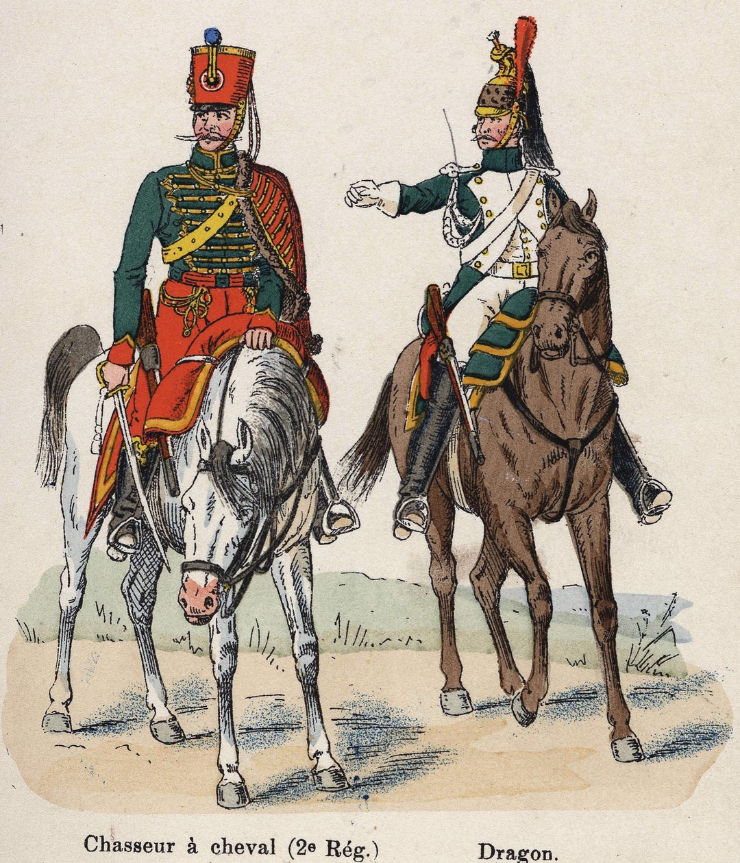 Imperial Guard Napoleon I: Horseback Hunter (2:a regementet) och drake. Tallrik från boken Les Uniforms de l