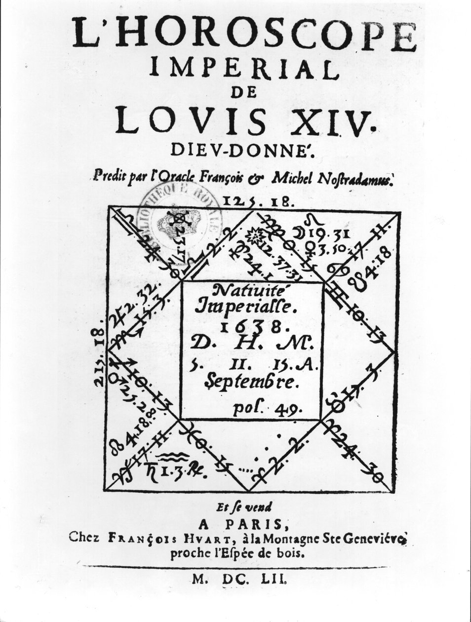 Ludvig XIV:s kejserliga horoskop (1638-1715) av Michel Nostradamus (1503-66) publicerat av Francois Huart i Paris 1652 av French School