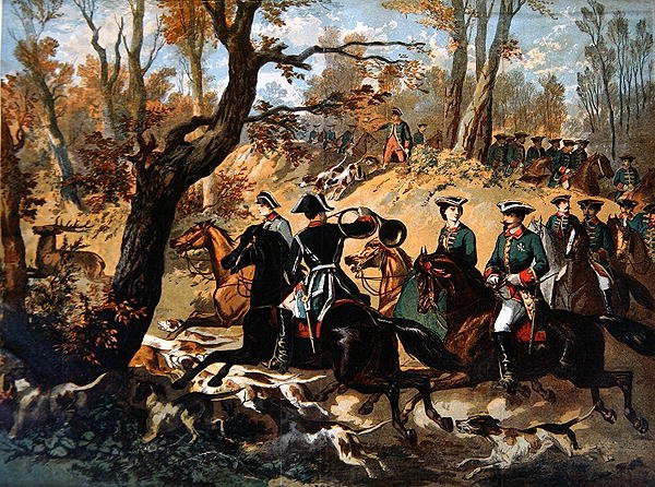 Imperial hjortjakt i Compiegne-skogen (ca 1860) (litho i färg) av French School