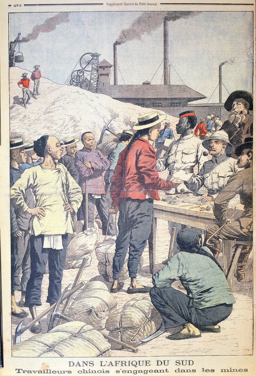 Importerar kinesiska arbetare för att arbeta i guldgruvorna i Sydafrika 1904, illustration från Le Petit Journal, 1904 av French School