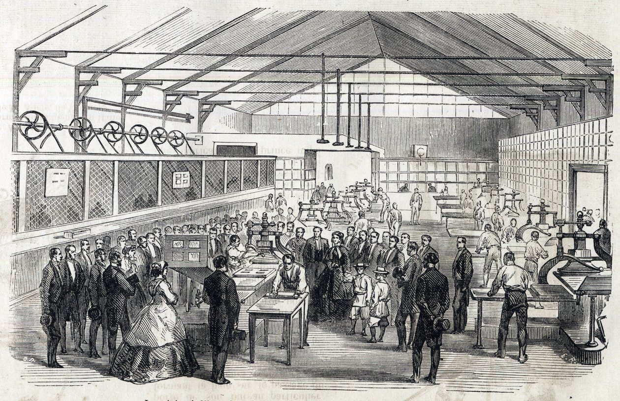 Imponera Eugenie och Imperial Prince besöker Banque de France, 23 juni 1866 - tryckning av sedlar - gravyr i Le MONDE Illustrous DU 07/07/1866 av French School