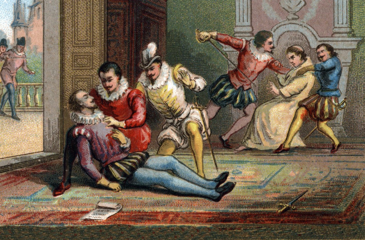 År 1589 mördade munken Jacques Clement kung Henrik III med ett hugg efter att ha fått honom att läsa ett brev. Kungen dog i armarna på Henrik av Navarra. Kromolitografi omkring 1890. av French School