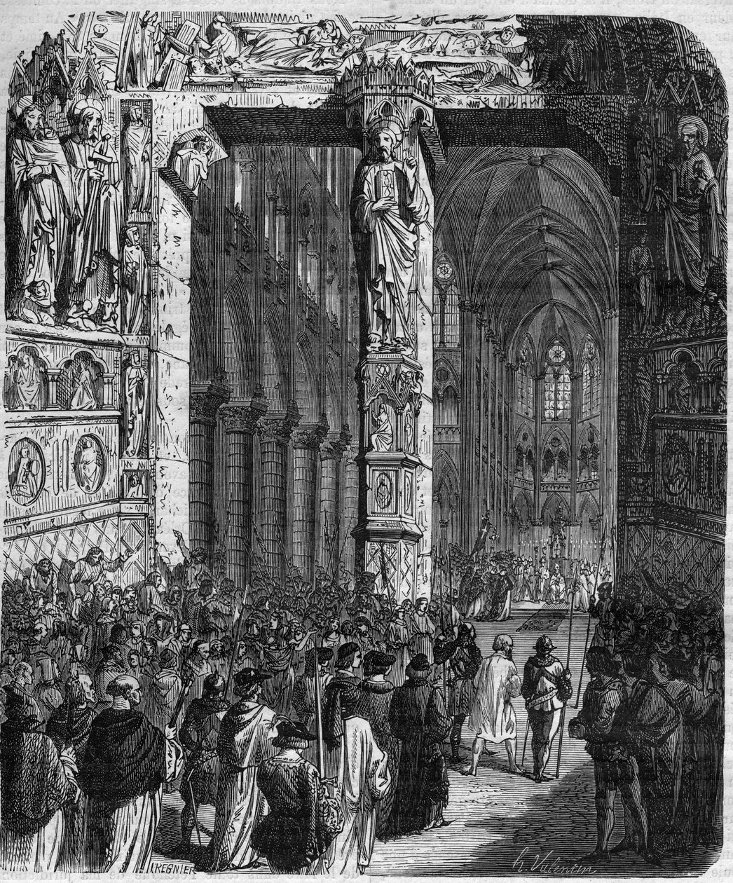 I Canossa ber kejsar Henrik IV av det heliga romerska riket (1050 - 1106) i ångerfull klädsel påven Gregoire VII (Hildebrand: 1015/20 - 1085) om förlåtelse och gör hedervärt gottgörelse. Drottningkungens och kejsarnas brott genom århundradena” av Mauri av French School