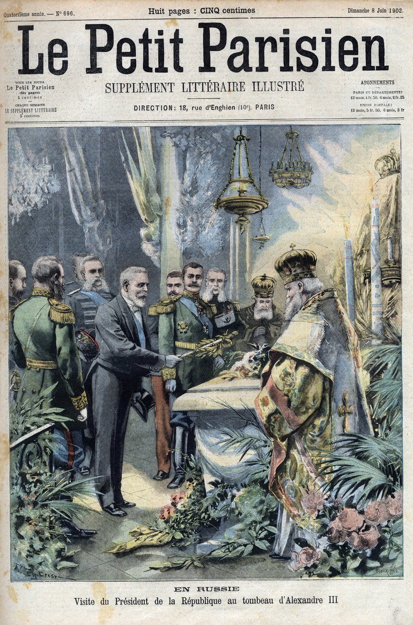 I Ryssland: besök av president Emile Loubet (1838-1929) i graven av Alexander III (1845-1894), Rysslands kejsare, i "Le petit Parisien"" av French School