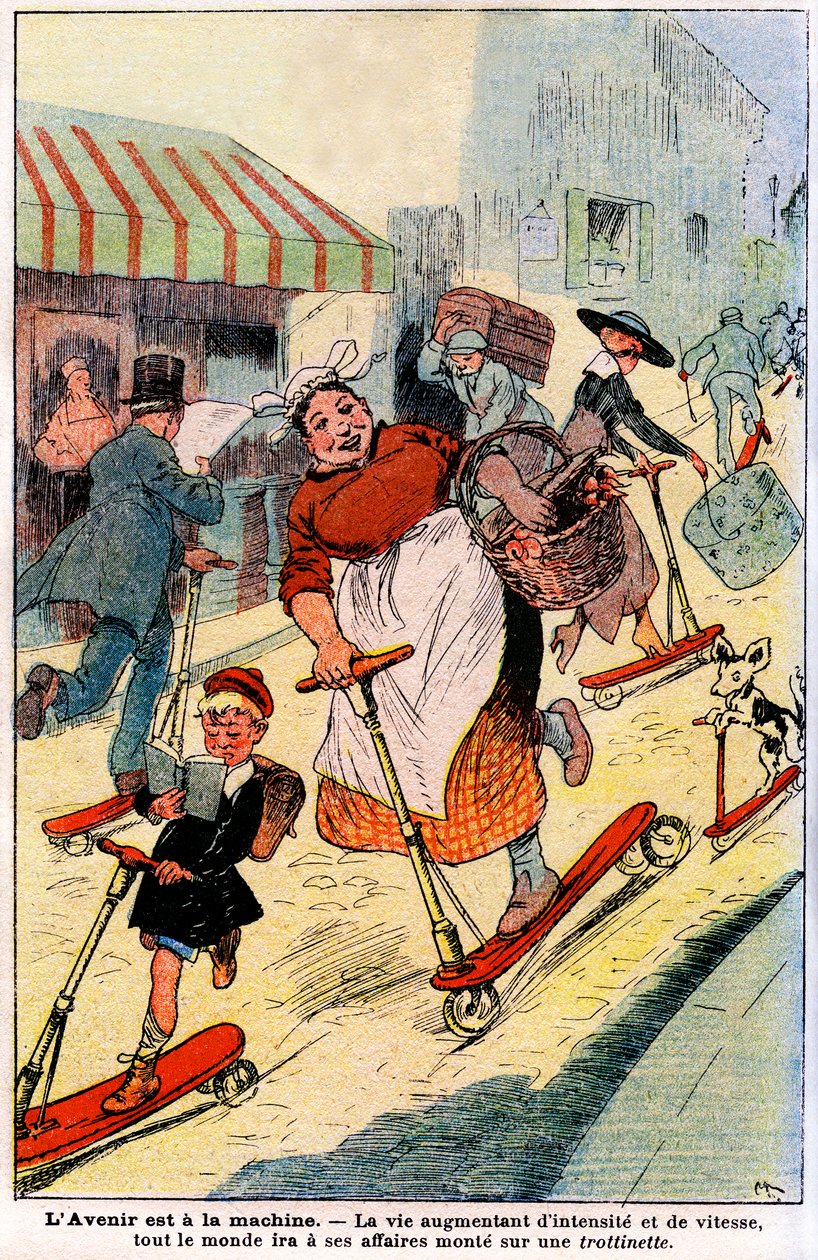 I framtiden, livet ökar i intensitet och hastighet, kommer alla att gå till sin verksamhet får på en skoter. 1919 (gravyr) av French School