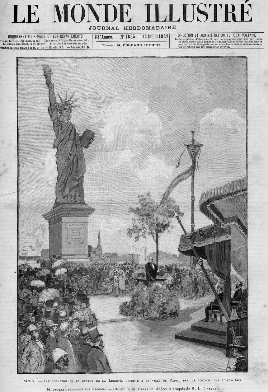 Invigning av Frihetsgudinnan i Paris, 4 juli 1889: tal av Eugene Spuller (1835-1896), Frankrikes utrikesminister. Statyn erbjöds staden Paris av det amerikanska samhället för att fira hundraårsjubileet av av French School