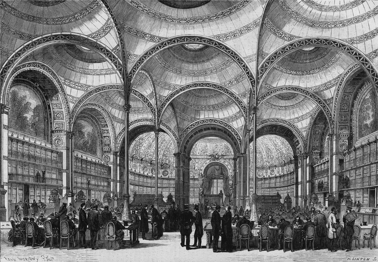 Invigning av det nya läsesalen för det kejserliga biblioteket i Paris, 13 juni 1868, byggt av arkitekten Pierre Francois Henri Labrouste (1801-1875). Gravyr i ""Le Monde Illustre"" nr 585 den 27 juni 1868. av French School