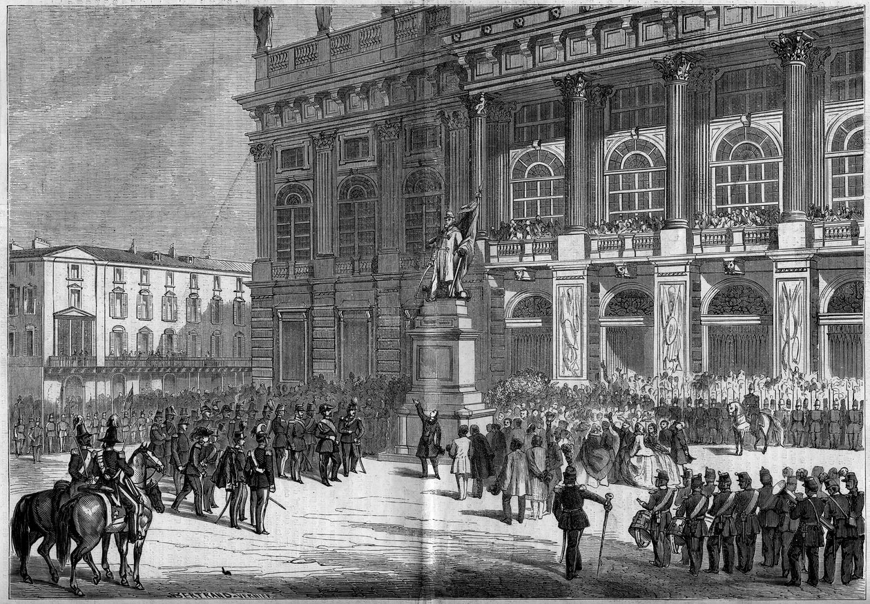 Invigning av det sardiska monumentet av Vincenzo Vela (1820-1891), på Chateau Square i Turin (Italien) den 10 april 1859. Bakom statyn finns "Palazzo Madama". Baserat på Mr. Ferrys skisser. Gravyr i "" Le Monde Illustré"" nr 106 av 23 april 18 av French School