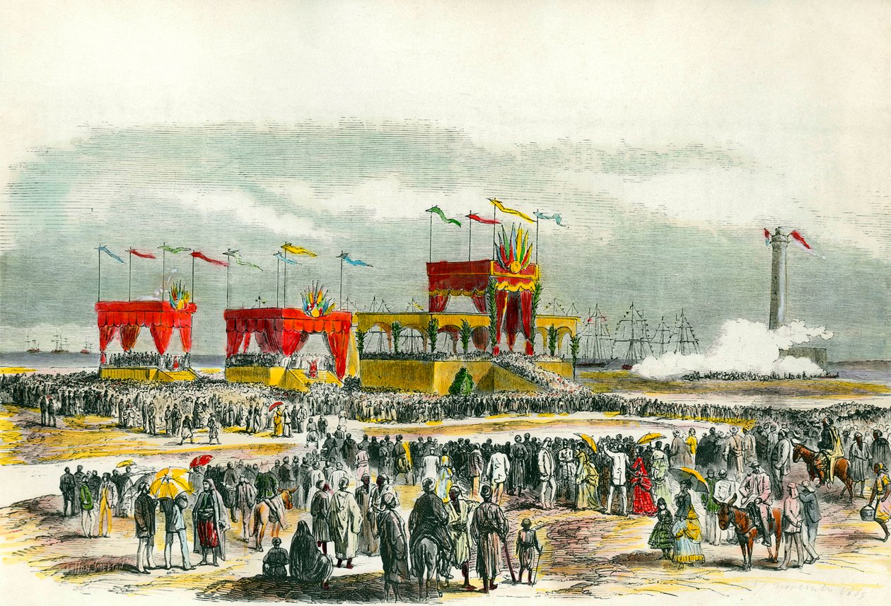 Invigning av Suezkanalen i Egypten 1869: "Te deum" sjunger i Port Said. Kanalen skapades för att förbinda Röda havet med Medelhavet. av French School