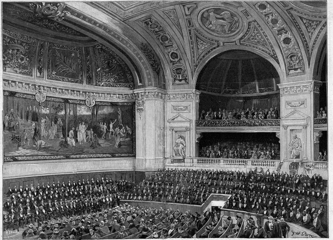 Invigning av nya Sorbonne 1889: den stora amfiteatern under ceremonin. av French School