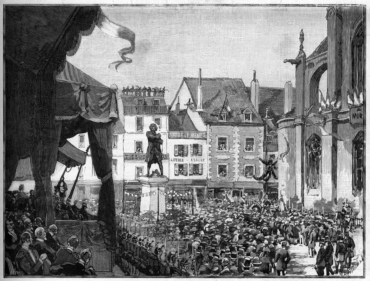 Invigning av statyn av Honore Gabriel (Honore-Gabriel) Riqueti, greve av Mirabeau (1749-1791), fransk revolutionär, på Place Ducerceau i Montargis 1888. av French School